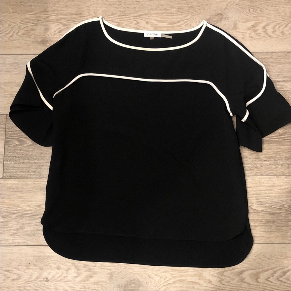 Calvin Klein  Black Blouse with White Piping Trim